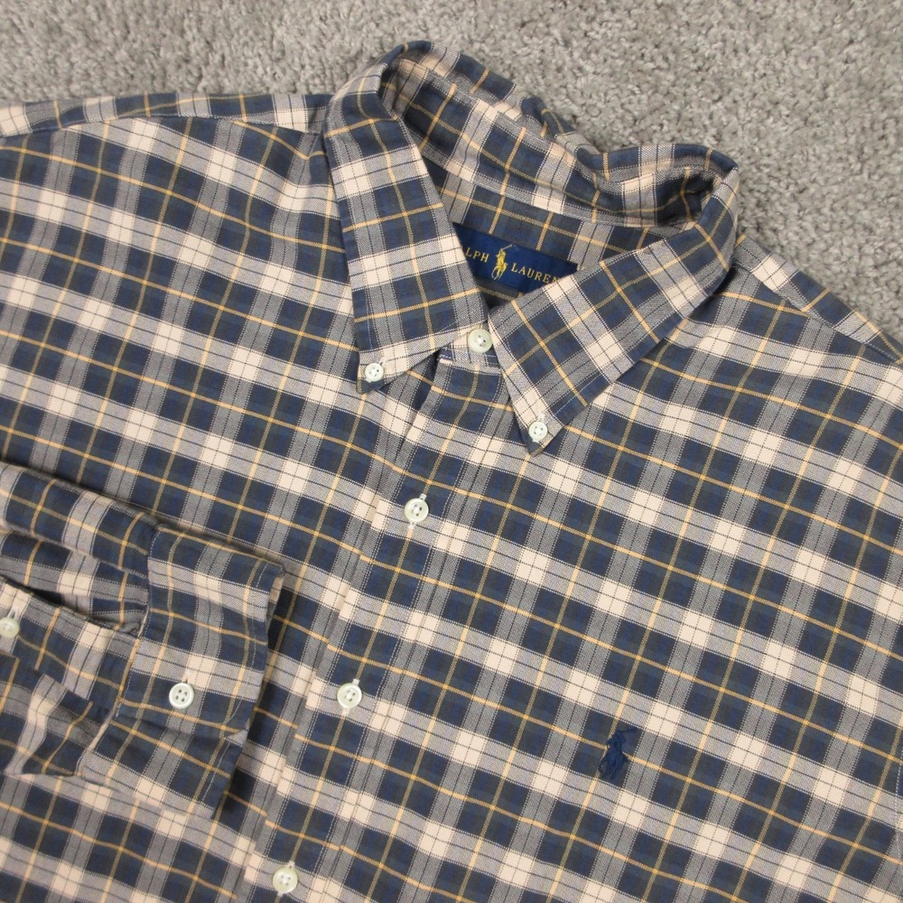 Ralph Lauren Shirt Mens 2XL Plaid Tartan Plaid Oxford Cloth Blue Pony Button Up